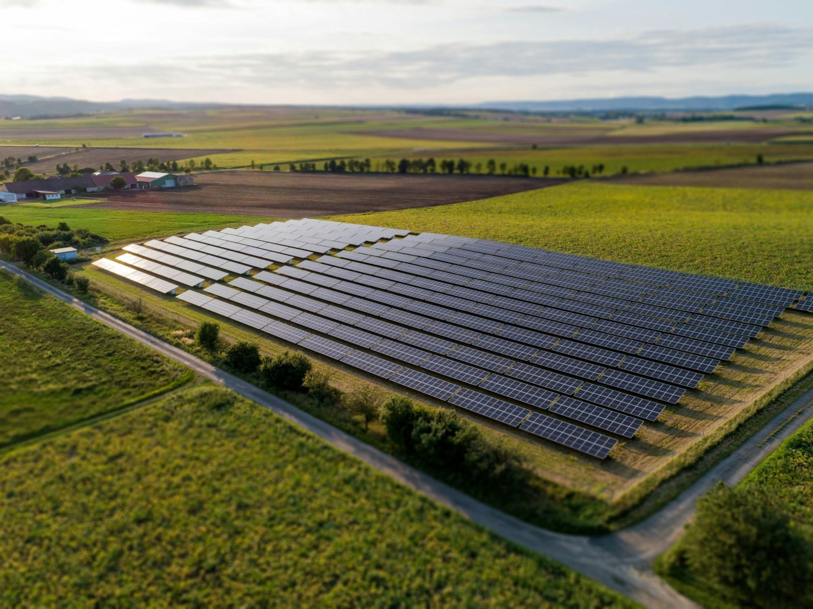 Solar array set into farmland, from above